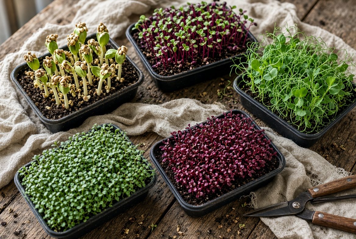 Five harvest trays of sunflower, radish, pea, broccoli, and amaranth microgreens on a wooden table with shears